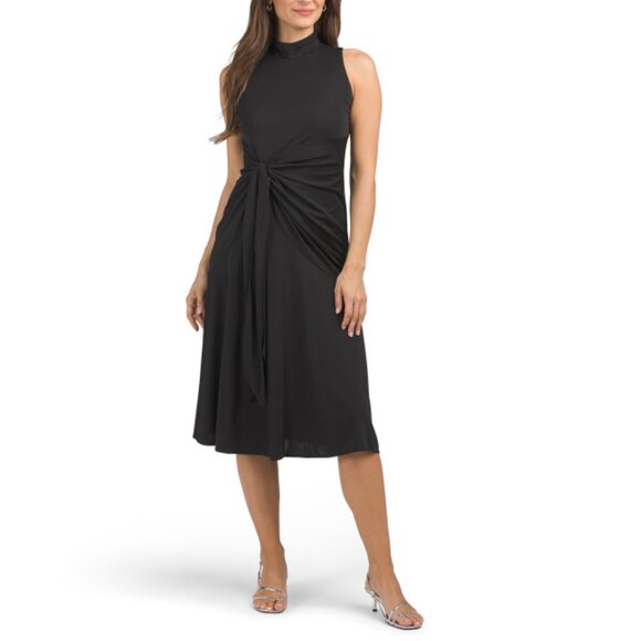 ANNE KLEIN Anne Black Mock Neck Midi Dress With Ruched Tie Detail